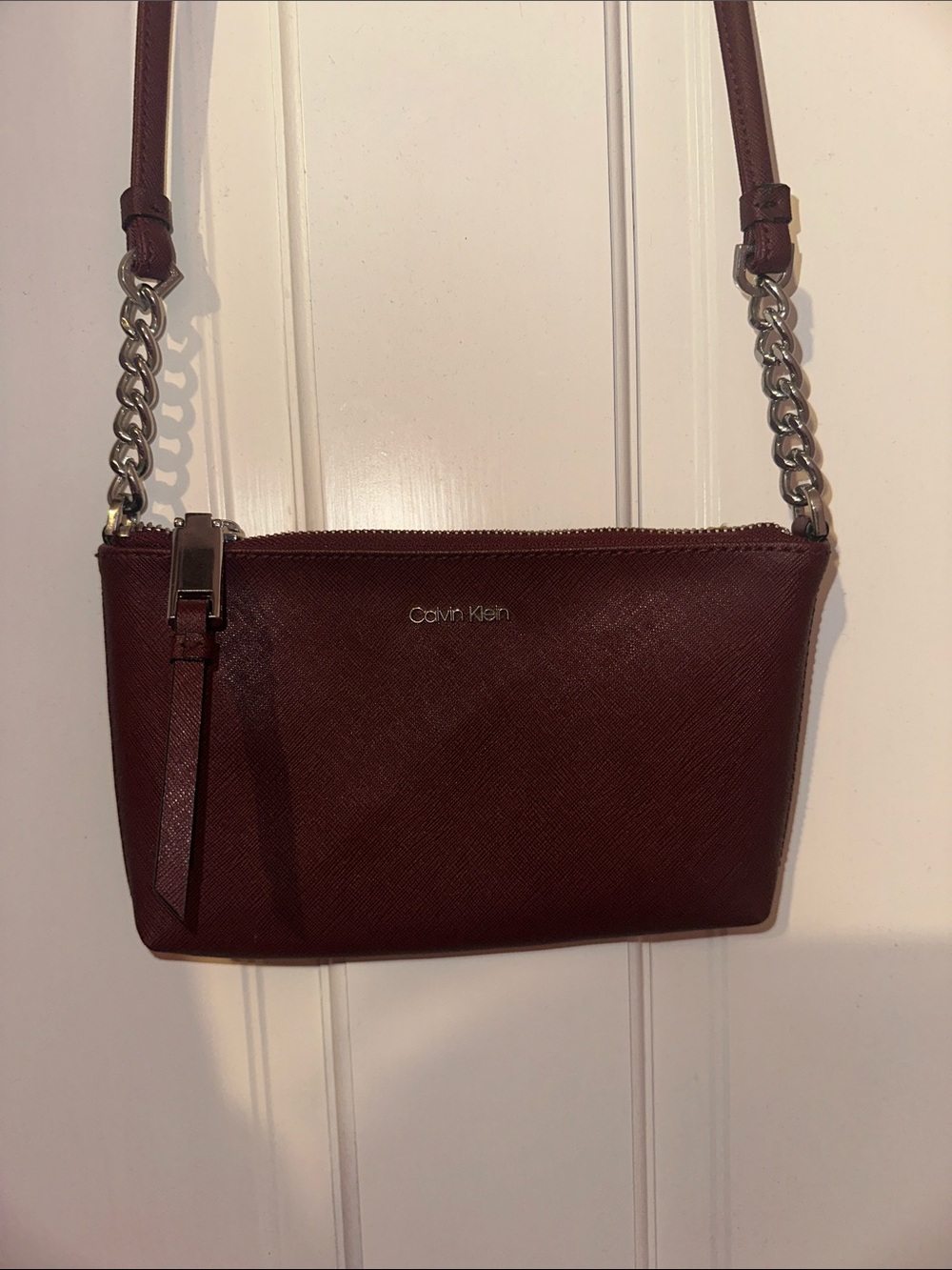 Calvin Klein Wine Red Crossbody with Silver Chain Strap